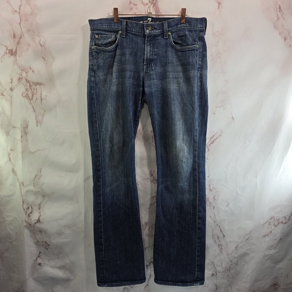 7 For All Mankind Jeans Mens 34 X 33 Boot Straight Denim Dark Distressed Ripped